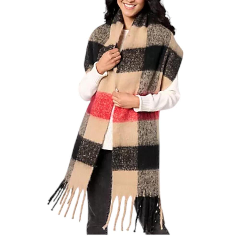 Sprigs Women's 93X14" Oversized Check Fringe Scarf Camel/Red